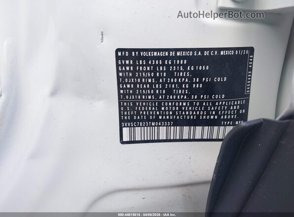 3VVSC7B23TM043337 2026 VOLKSWAGEN TAOS Белый Вид подкапотного пространства