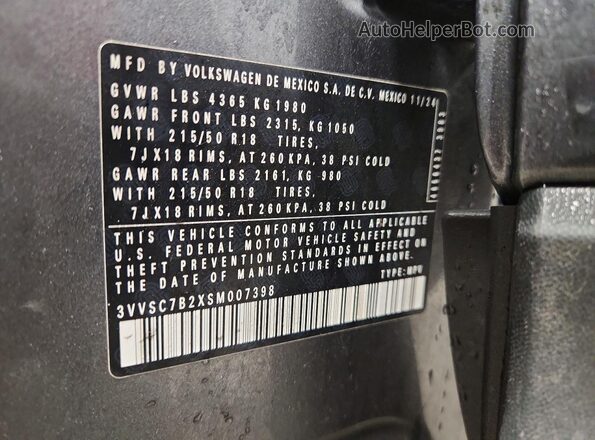 3VVSC7B2XSM007398 2025 VOLKSWAGEN TAOS Gray Вид наклейки з VIN-кодом