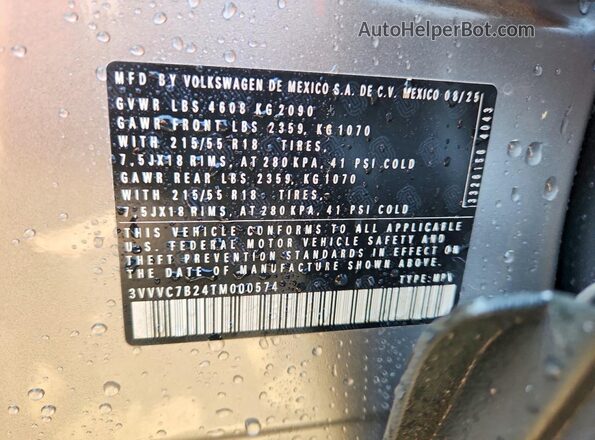 3VVVC7B24TM000574 2026 VOLKSWAGEN TAOS Silver Vista de la etiqueta del VIN