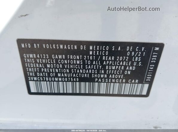 3VWC57BU0MM087549 2021 VOLKSWAGEN JETTA White Շարժիչի բաժամունքի տեսք