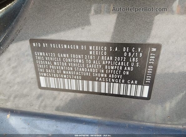 3VWC57BU1KM257480 2019 VOLKSWAGEN JETTA Серый 