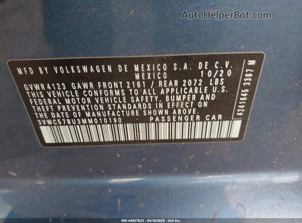 3VWC57BU3MM010190 2021 VOLKSWAGEN JETTA Синий Вид подкапотного пространства