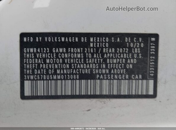 3VWC57BU5MM013088 2021 VOLKSWAGEN JETTA White Engine compartment view
