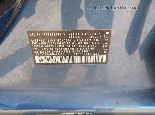 3VWC57BU6MM044995 2021 VOLKSWAGEN JETTA Blue ძრავის განყოფილების ხედი