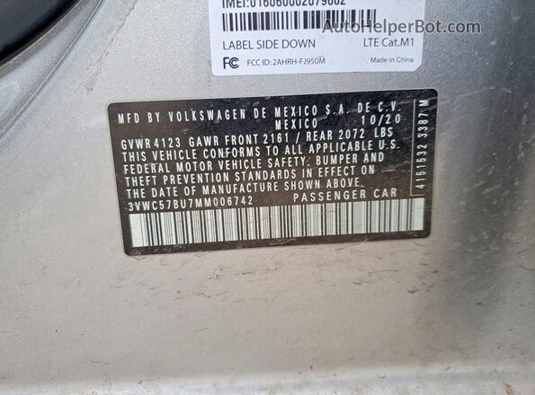 3VWC57BU7MM006742 2021 VOLKSWAGEN JETTA Silver 