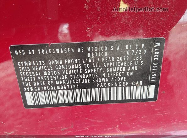 3VWCB7BU0LM067194 2020 VOLKSWAGEN JETTA Red Widok komory silnika
