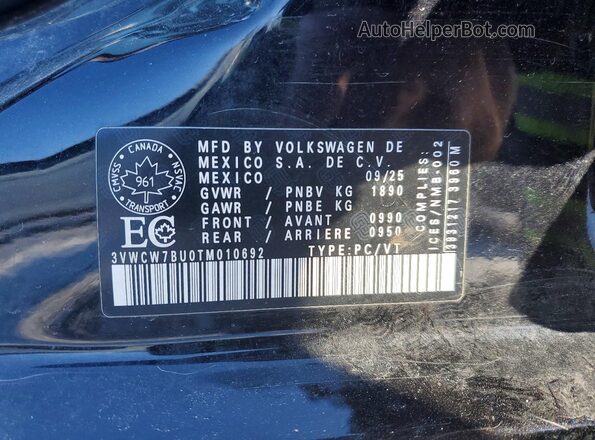 3VWCW7BU0TM010692 2026 VOLKSWAGEN JETTA Black Vista de la etiqueta del VIN