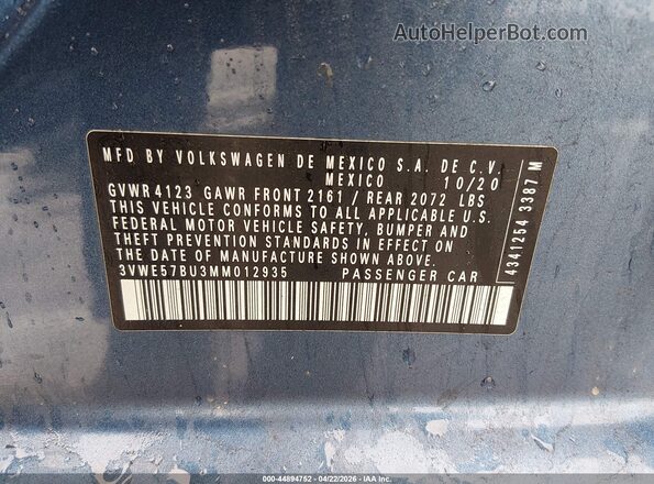 3VWE57BU3MM012935 2021 VOLKSWAGEN JETTA Blue 