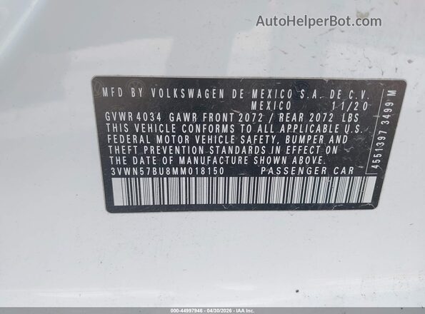 3VWN57BU8MM018150 2021 VOLKSWAGEN JETTA White Vista del compartimento del motor