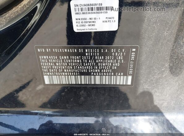 3VWN57BU9MM084531 2021 VOLKSWAGEN JETTA Black Vista del compartimento del motor