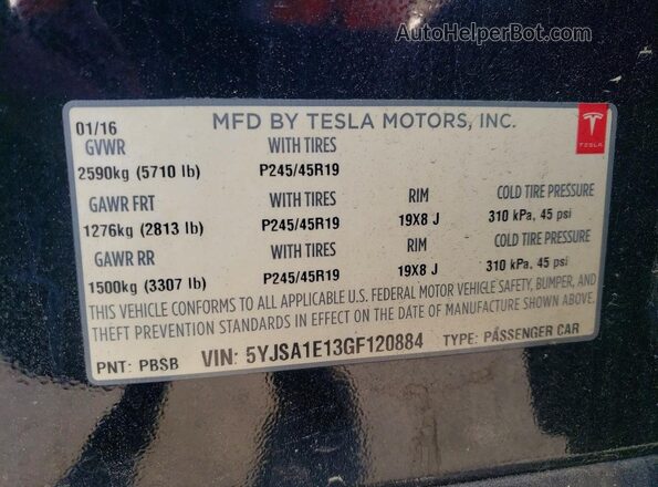 5YJSA1E13GF120884 2016 TESLA MODEL S Black Vista de la etiqueta del VIN