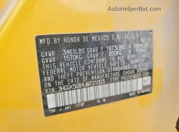3HGGK5G64JM721003 2018 HONDA FIT Yellow Вид наклейки з VIN-кодом