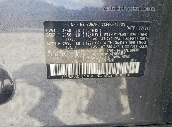 4S4BTAAC7M3191348 2021 SUBARU OUTBACK Gray Widok wnętrza 360 stopni