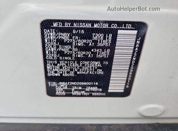 JN8AZ2ND2G9800116 2016 INFINITI QX80 White 