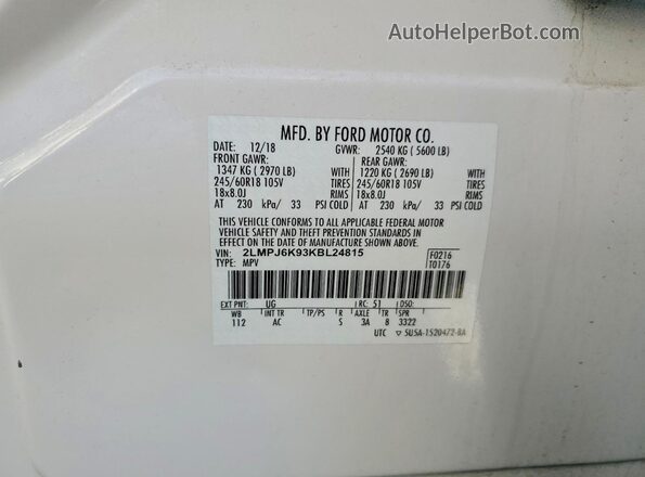 2LMPJ6K93KBL24815 2019 LINCOLN NAUTILUS White 