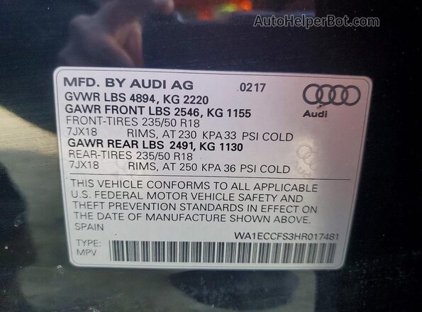 WA1ECCFS3HR017481 2017 AUDI Q3 Black Vista interior de 360 grados