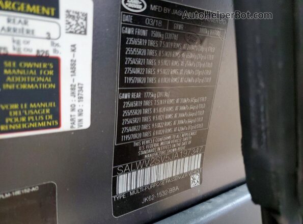 SALWV2SV5JA197347 2018 LAND ROVER RANGE Gray 360 interior view