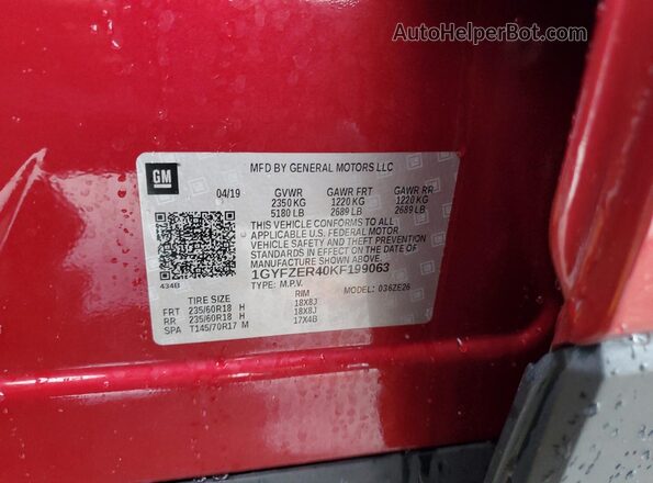 1GYFZER40KF199063 2019 CADILLAC XT4 Red Панорамний вид салону 360°