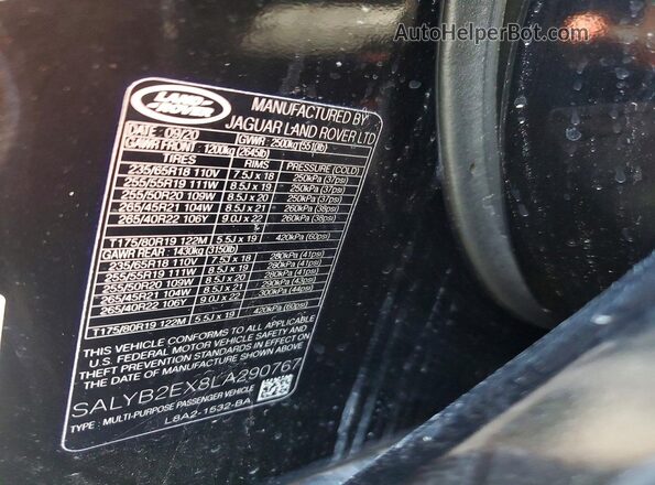 SALYB2EX8LA290767 2020 LAND ROVER RANGE ROVER Black Панорамний вид салону 360°