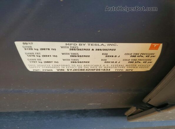 5YJXCBE42HF051834 2017 TESLA MODEL Gray 