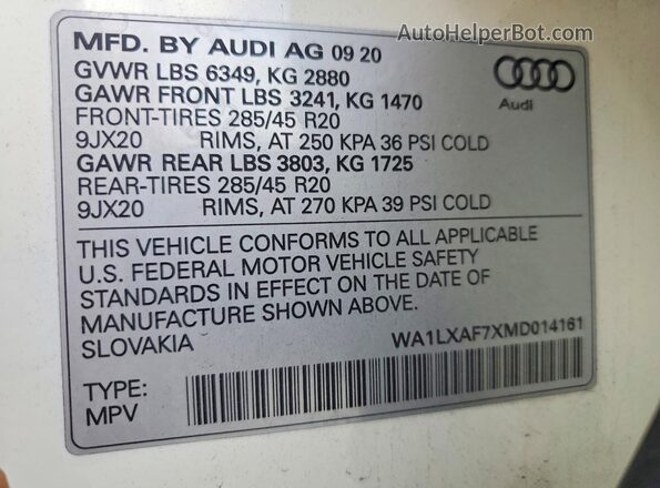 WA1LXAF7XMD014161 2021 AUDI Q7 White Vista interior de 360 grados