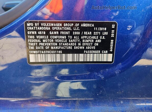 1VWDT7A37HC031165 2017 VOLKSWAGEN PASSAT Синий 