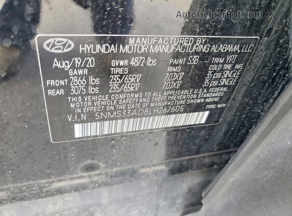 5NMS33AD8LH267605 2020 HYUNDAI SANTA Black VIN կոդի պիտակի տեսք