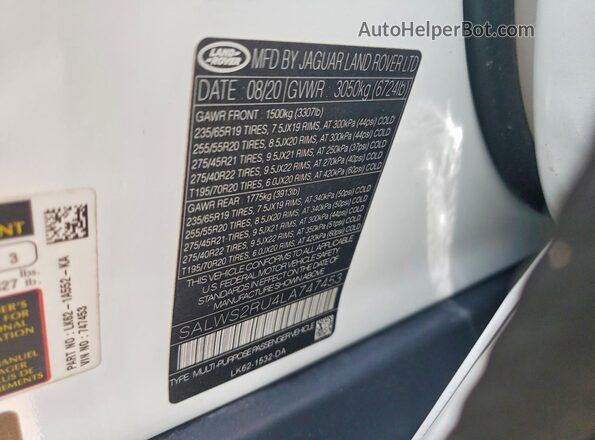 SALWS2RU4LA747453 2020 LAND ROVER RANGE ROVER White VIN sticker view