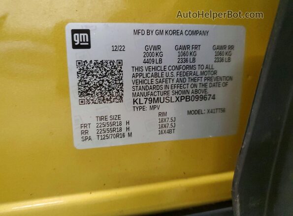 KL79MUSLXPB099674 2023 CHEVROLET TRAILBLAZER Желтый Вид наклейки с VIN-кодом