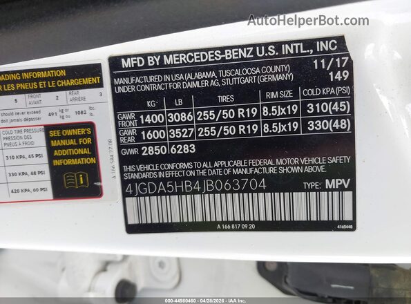 4JGDA5HB4JB063704 2018 MERCEDES-BENZ GLE 350 White ძრავის განყოფილების ხედი