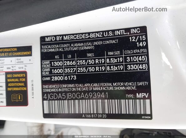 4JGDA5JB0GA693941 2016 MERCEDES-BENZ GLE 350 White 