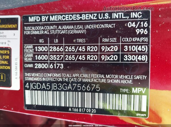 4JGDA5JB3GA756675 2016 MERCEDES-BENZ GLE 350 Red 