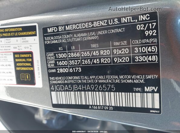 4JGDA5JB4HA926575 2017 MERCEDES-BENZ GLE 350 Gray 