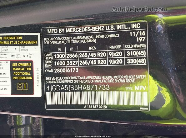 4JGDA5JB5HA871733 2017 MERCEDES-BENZ GLE 350 Black Widok komory silnika