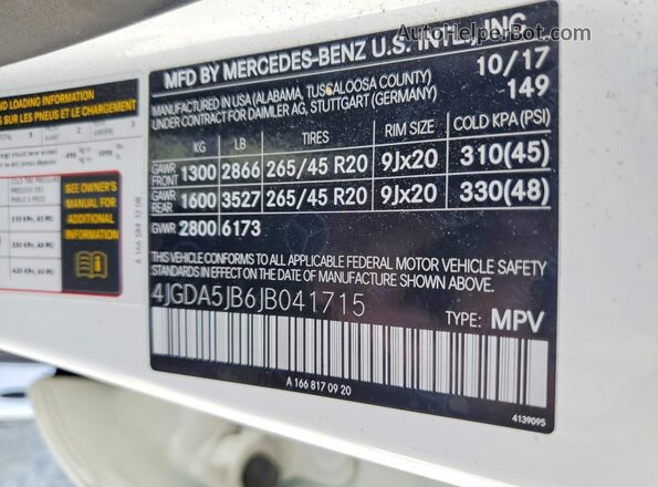 4JGDA5JB6JB041715 2018 MERCEDES-BENZ GLE White Вид наклейки з VIN-кодом