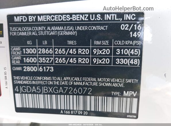 4JGDA5JBXGA726072 2016 MERCEDES-BENZ GLE 350 Белый 