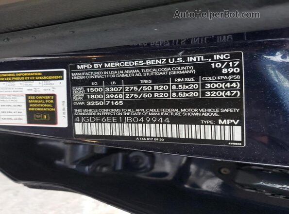 4JGDF6EE1JB049944 2018 MERCEDES-BENZ GLS Black Widok naklejki z numerem VIN