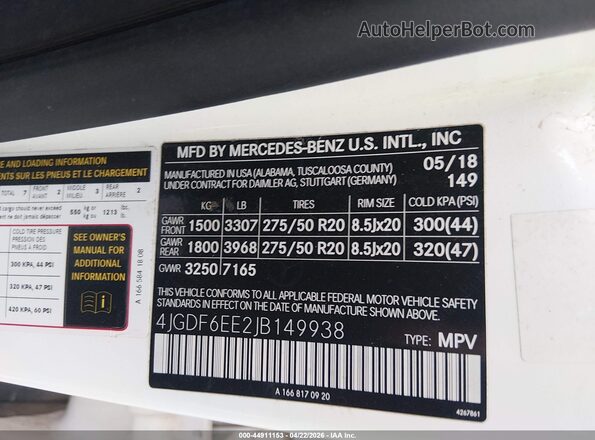 4JGDF6EE2JB149938 2018 MERCEDES-BENZ GLS 450 White Շարժիչի բաժամունքի տեսք