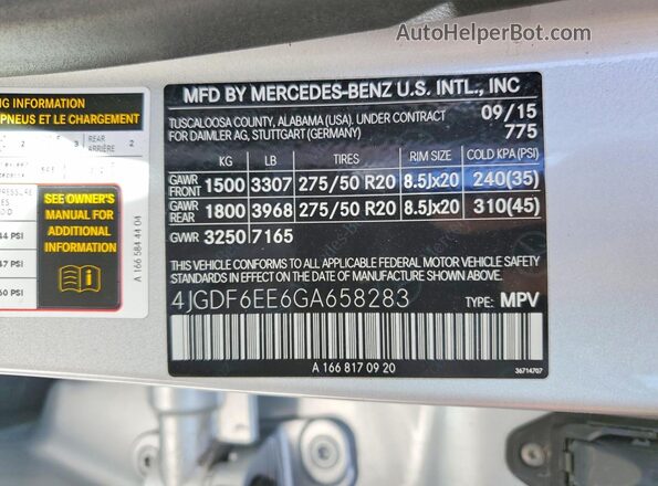 4JGDF6EE6GA658283 2016 MERCEDES-BENZ GL-CLASS Silver Widok naklejki z numerem VIN
