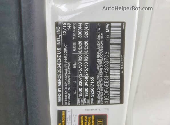4JGDF6EE8HA893706 2017 MERCEDES-BENZ GLS Белый Вид наклейки с VIN-кодом