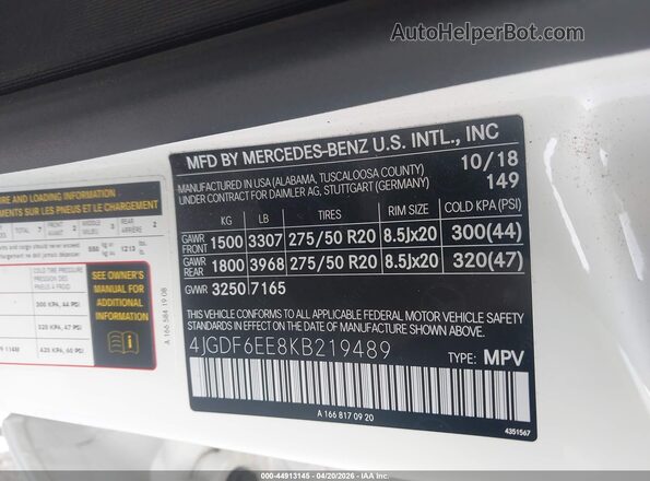 4JGDF6EE8KB219489 2019 MERCEDES-BENZ GLS 450 White Engine compartment view