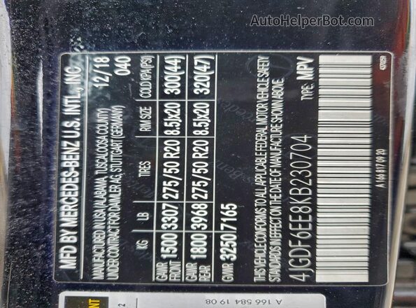4JGDF6EE8KB230704 2019 MERCEDES-BENZ GLS Black Vista de la etiqueta del VIN