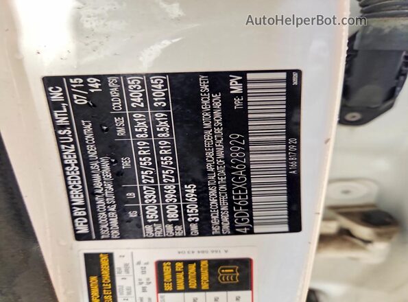 4JGDF6EEXGA628929 2016 MERCEDES-BENZ GL-CLASS White VIN sticker view