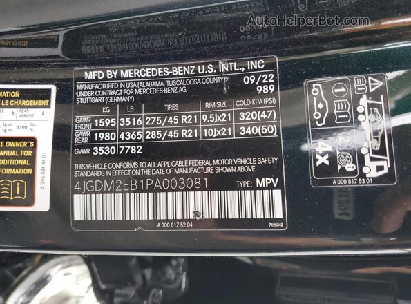 4JGDM2EB1PA003081 2023 MERCEDES-BENZ EQS Black Vista de la etiqueta del VIN