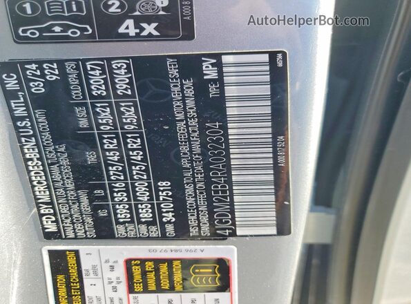 4JGDM2EB4RA032304 2024 MERCEDES-BENZ EQS Серебряный Вид наклейки с VIN-кодом