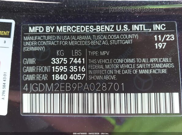 4JGDM2EB9PA028701 2023 MERCEDES-BENZ EQS 450 SUV Black Vista de la etiqueta del VIN