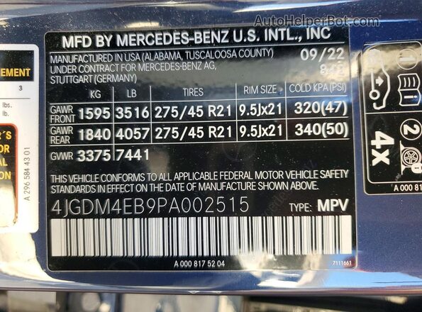 4JGDM4EB9PA002515 2023 MERCEDES-BENZ EQS Синий Панорамный вид салона 360°