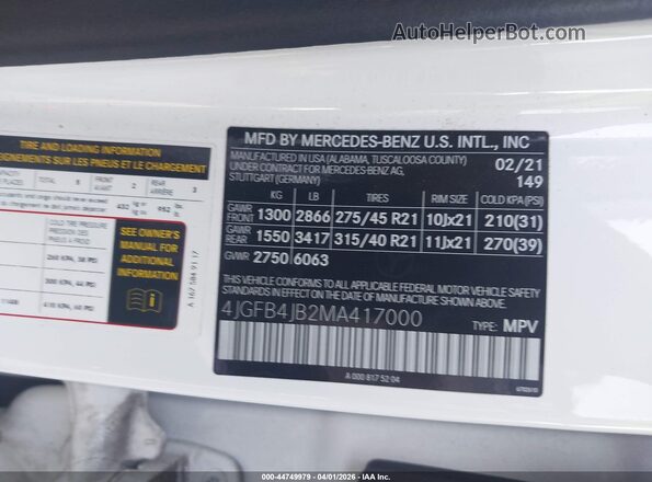 4JGFB4JB2MA417000 2021 MERCEDES-BENZ GLE 350 White ძრავის განყოფილების ხედი