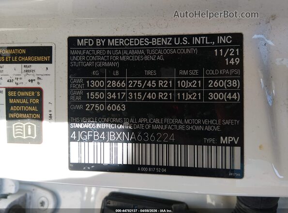 4JGFB4JBXNA636224 2022 MERCEDES-BENZ GLE 350 White Widok komory silnika