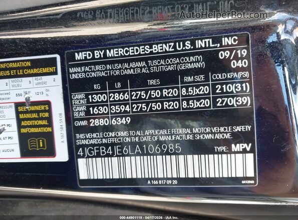 4JGFB4JE6LA106985 2020 MERCEDES-BENZ GLE 350 Black Շարժիչի բաժամունքի տեսք